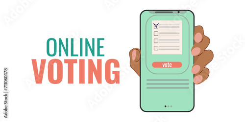 Presidential elections online voting for the head country. Voting by phone. Hand holding phone. Banner web design. Vector illustration.