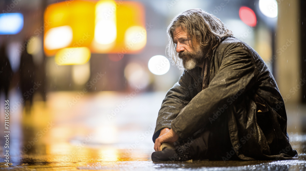 Obraz premium Desolate Evening: Homeless Man on Rainy City Streets