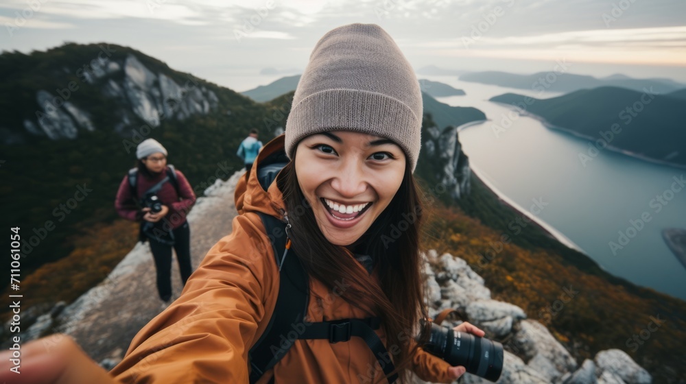 Young female tourist takes a selfie in the mountains. Happy smiling girl. Neural network AI generated art