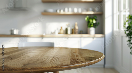 empty beautiful round wood tabletop counter on interior in clean and bright kitchen. Ai Generative