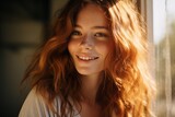 Smiling Young Woman with Red Hair by Sunlit Window