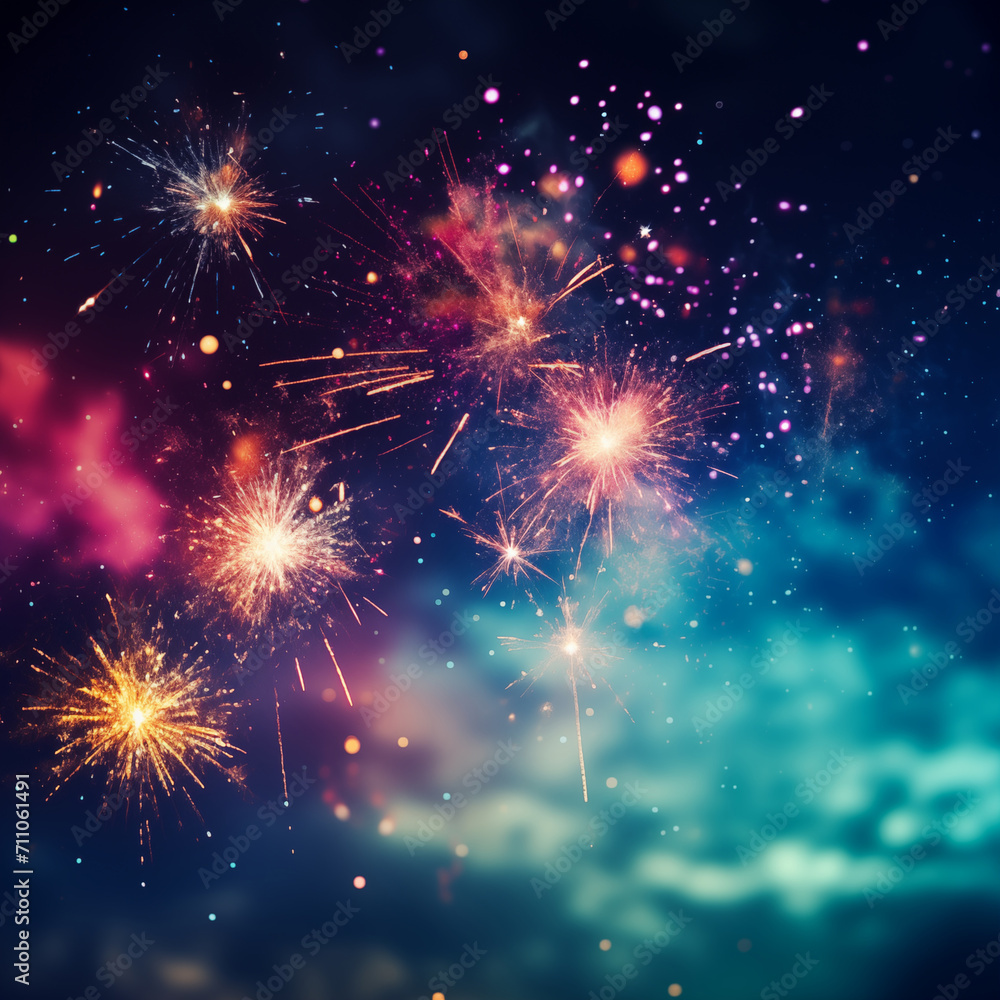 Vibrant fireworks exploding against a dark night sky