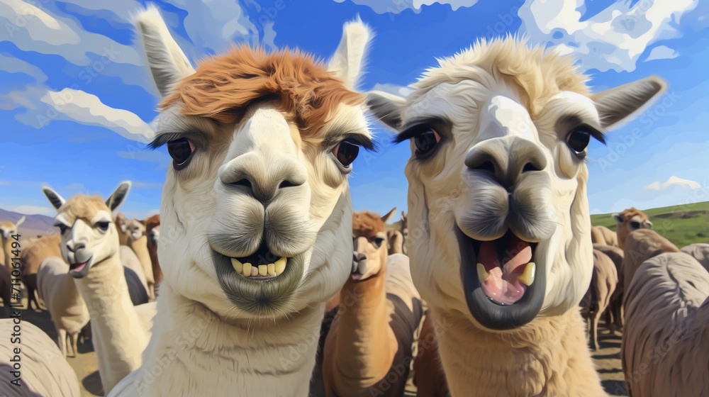 Two alpacas smiling with their teeth showing in a field of alpacas,