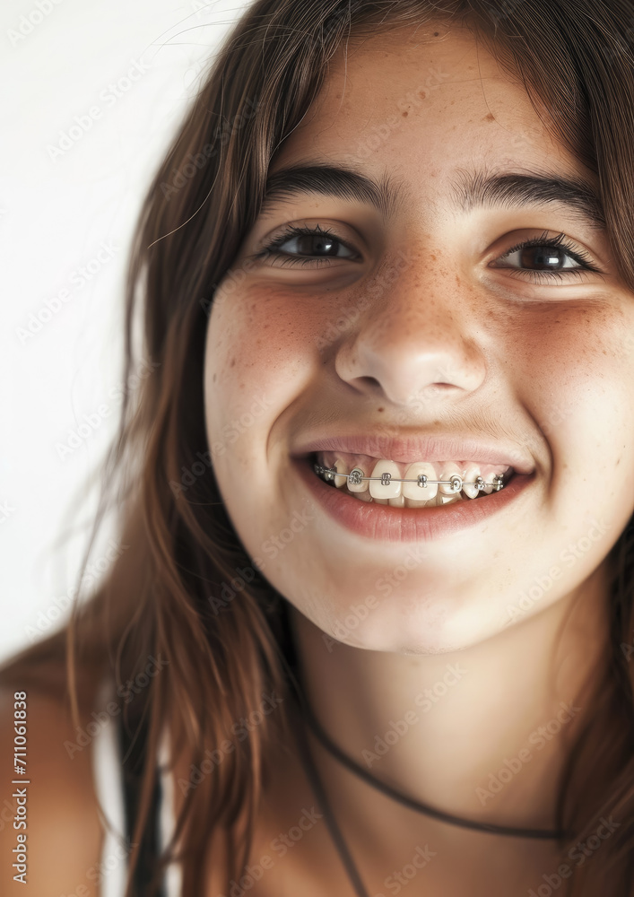 young smiling girl with metal braces on her teeth, bite correction, orthodontist, health, medicine, dentistry, oral cavity, straight, white, portrait, mouth, person, people, treatment, beauty, smile young smiling girl with metal braces on her teeth, bite correction, orthodontist, health, medicine, dentistry, oral cavity, straight, white, portrait, mouth, person, people, treatment, beauty, smile
