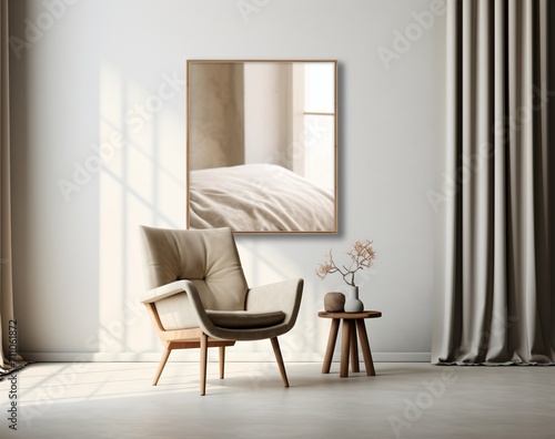 Comfy chair in a bright room with a large painting of a bed on the wall