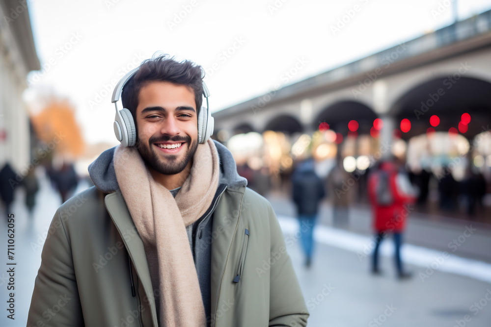 Joyful Man with Headphones Enjoying Winter Day in the City, Urban Lifestyle and Music Enjoyment Concept Joyful Man with Headphones Enjoying Winter Day in the City, Urban Lifestyle and Music Enjoyment Concept