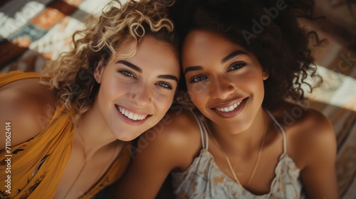 Two young multiethnic women smiling at the camera photo