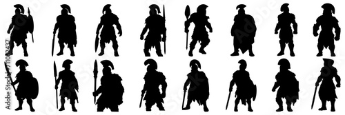 Spartan warrior greek silhouettes set, large pack of vector silhouette design, isolated white background