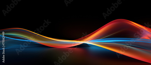 Multicolored neon curve lines on black background, digital glowing energy. Abstract pattern of colored waves of light in dark space. Concept of tech, trail, data, effect