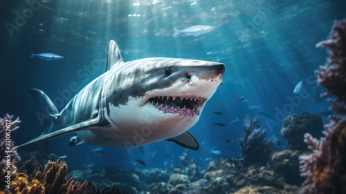 Scary shark swim underwater near coral reefs  wild sea predators and fish in blue water. Theme of ocean life  wildlife  travel  marine nature  teeth