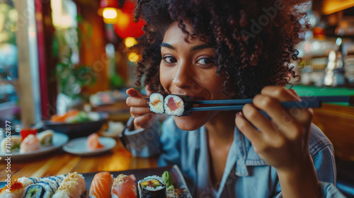 beautiful smiling young woman eating sushi with Chinese chopsticks, rolls, seafood, restaurant, cafe, salmon, rice, nori, eel, caviar, shrimp, bar, portrait, face, girl, lunch, food, dinner photo