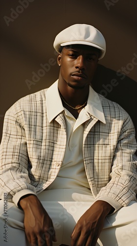 A young African-American man wearing a white beret and a brown checkered suit is sitting on a brown background