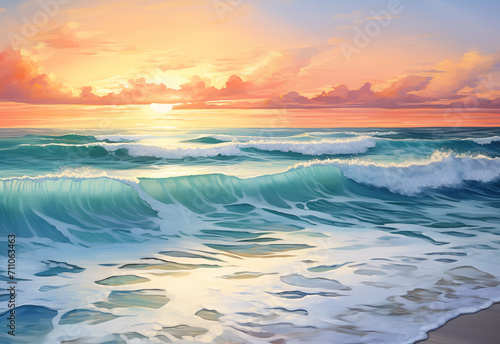 Wellen brechen bei traumhaften Licht an einem Sandstrand, Fantasievolle Szene an einem einsamen Strand