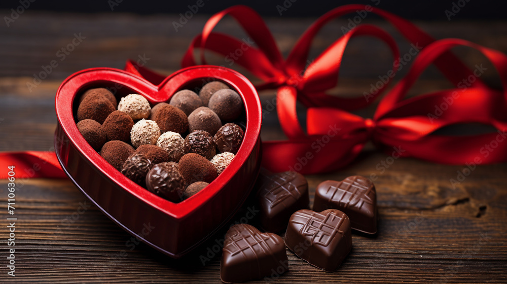 A heart-shaped box of chocolates in, a chocolate gift for Valentine's Day A heart-shaped box of chocolates in, a chocolate gift for Valentine's Day