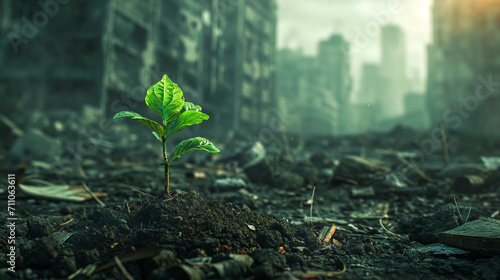 A green plant, a sprout in the foreground against the background of a destroyed city