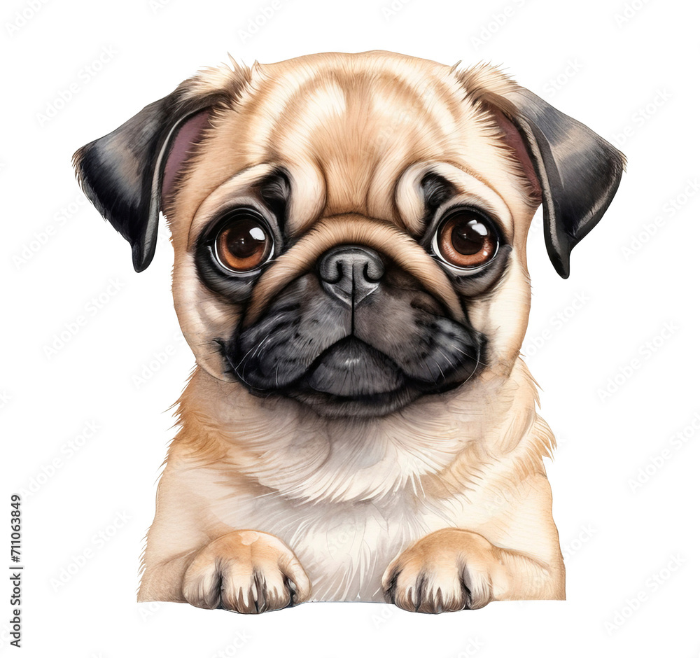 Cute pug puppy with adorable big eyes. Watercolor style illustration