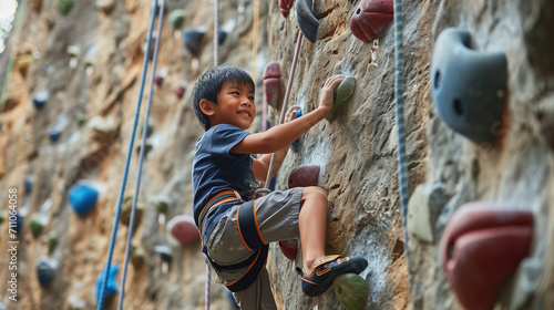 athletic boy in sportswear climbs a climbing wall with belay, sports ground, training, climber, rock relief, healthy lifestyle, active recreation, hobby, energetic person, muscles, height, agility photo