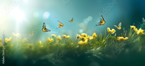 Beautiful butterflies fly over the grass and flowers on summer day. © inspiretta