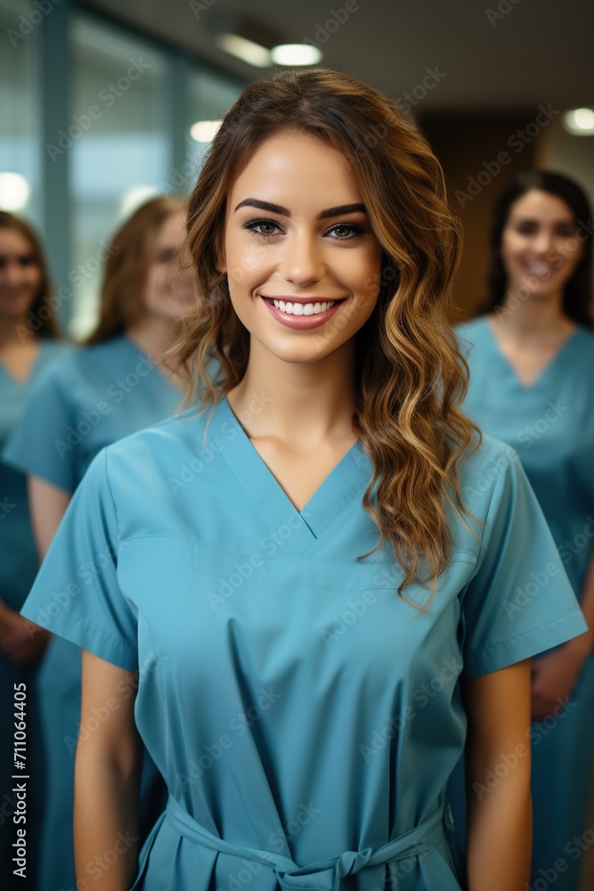 Fototapeta premium Confident female doctor with colleagues in the background