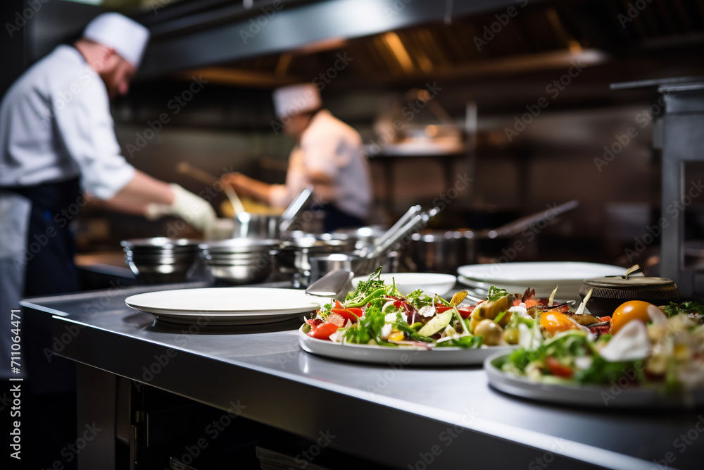 Professional Chefs Preparing Gourmet Salads in Commercial Kitchen