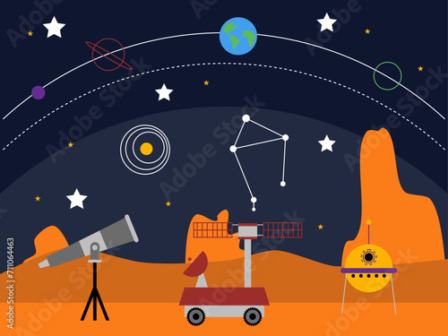 Observe outer space world using telescope. Outer space and astronaut vector illustrations. photo
