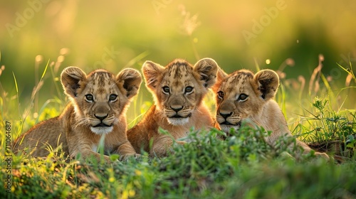 Lion cubs in the grass in Maasai Mara National Park in Kenya, ai generative photo