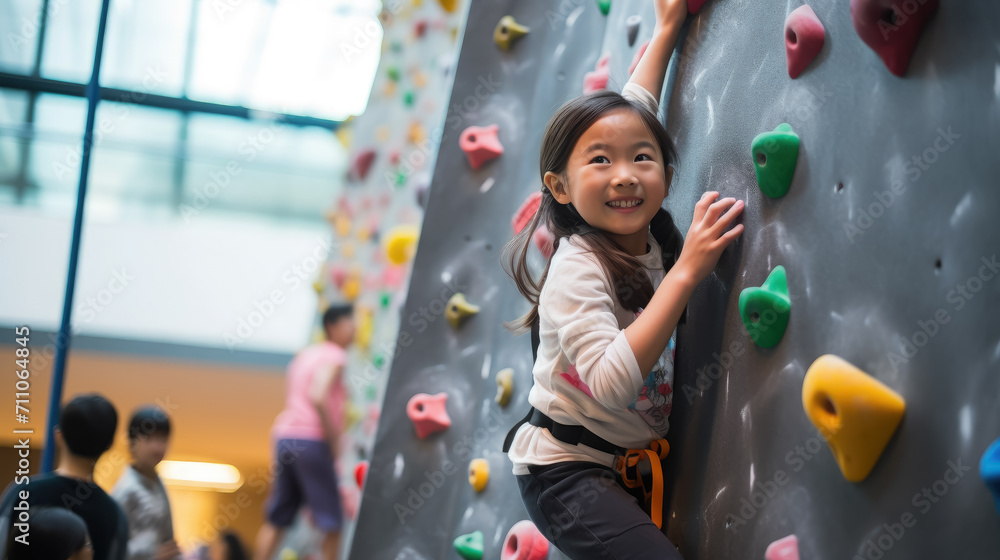 Fototapeta premium athletic girl in sportswear climbs a climbing wall with belay, sports ground, training, climber, rock relief, healthy lifestyle, active recreation, hobby, energetic person, muscles, height, agility