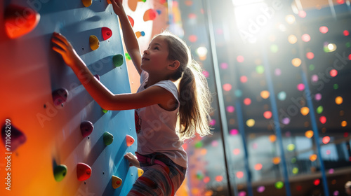 athletic girl in sportswear climbs a climbing wall with belay, sports ground, training, climber, rock relief, healthy lifestyle, active recreation, hobby, energetic person, muscles, height, agility photo