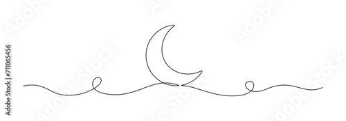 One continuous line drawing of Moon. Ramadan Kareem banner in simple linear style. Sleep symbol with crescent in Editable stroke. Doodle flourish vector illustration