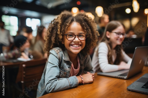 Portrait of a smiling young girl sitting at a table in a restaurant with friends