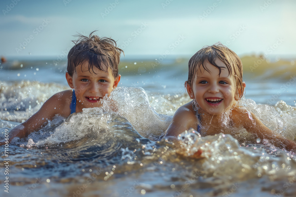 A boy and a girl are playing in the ocean A boy and a girl are playing in the ocean