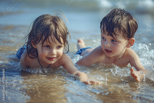 A boy and a girl are playing in the water photo