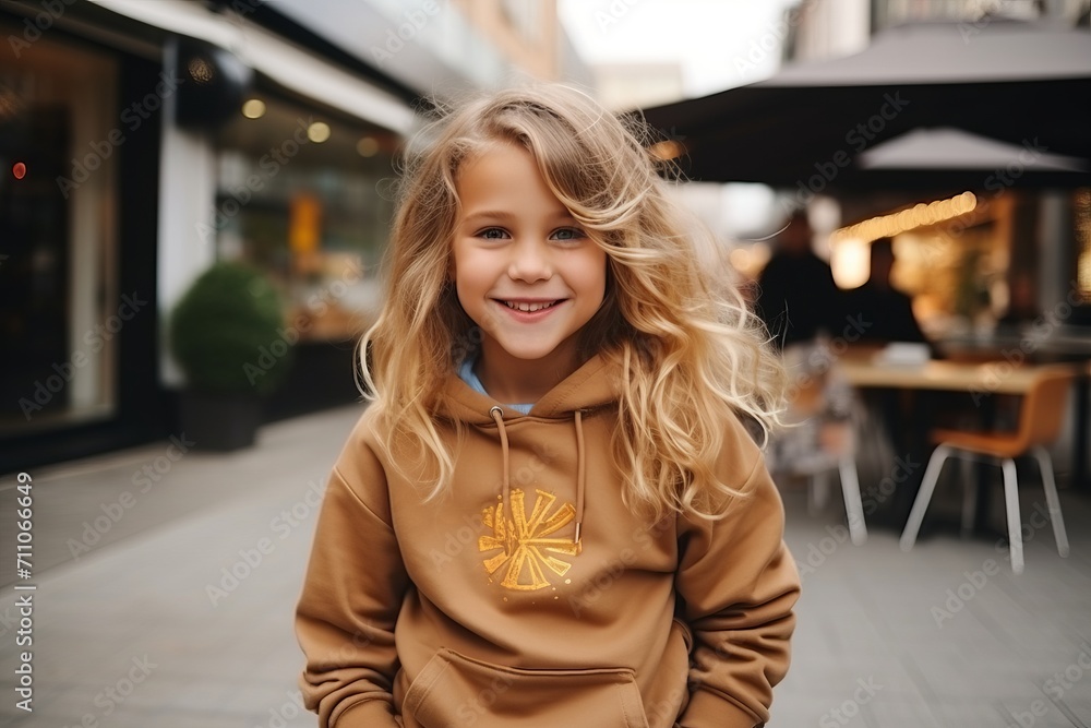 Portrait of a smiling little girl in a hoodie on the street Portrait of a smiling little girl in a hoodie on the street
