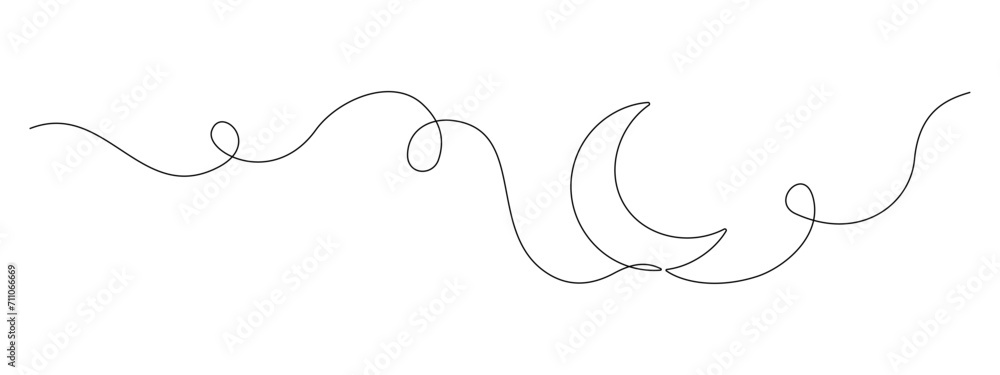 One continuous line drawing of Moon. Ramadan Kareem banner in simple linear style. Sleep symbol with crescent in Editable stroke. Doodle contour vector illustration