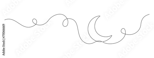 One continuous line drawing of Moon. Ramadan Kareem banner in simple linear style. Sleep symbol with crescent in Editable stroke. Doodle contour vector illustration photo