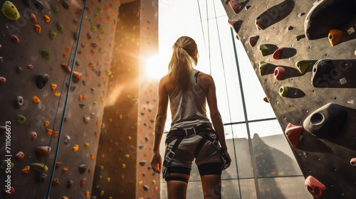 athletic girl in sportswear climbs a climbing wall with belay, sports ground, training, climber, rock relief, healthy lifestyle, active recreation, hobby, energetic person, muscles, height, agility photo