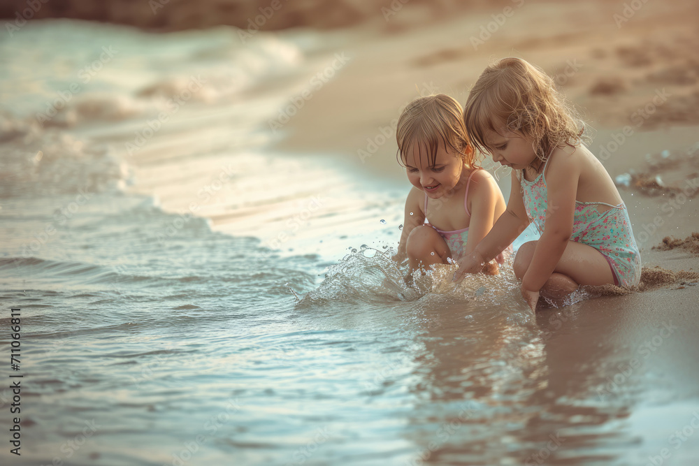 Two little girls are playing in the water on the beach Two little girls are playing in the water on the beach