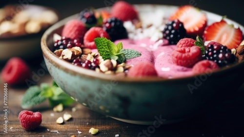 A topdown shot of a protein smoothie bowl, adorned with fresh berries and nuts for an energizing breakfast. photo