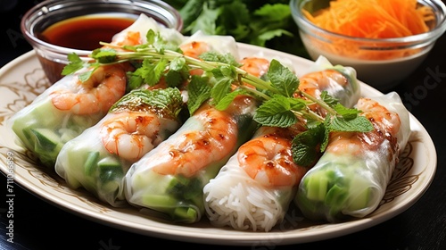 Fresh and healthy Vietnamese spring rolls with vegetables and shrimp
