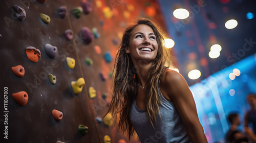 athletic girl in sportswear climbs a climbing wall with belay, sports ground, training, climber, rock relief, healthy lifestyle, active recreation, hobby, energetic person, muscles, height, agility