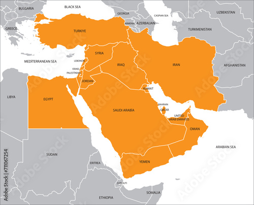 Middle East countries map. Countries in the Middle East and other neighboring countries. Anatolia, Mesopotamia, Africa, Asia, Europe.