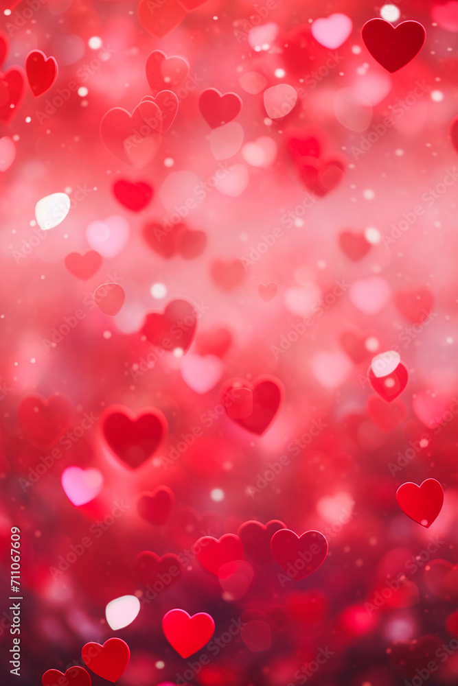 Happy st. Valentines day banner with red abstract illustrated hearts, pink paper hearts flying shining against dark red background with empty space