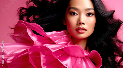 Close-up of an Asian Woman in a Pink Dress  Flowing Salmon-colored Silk  Stunning Beauty 
