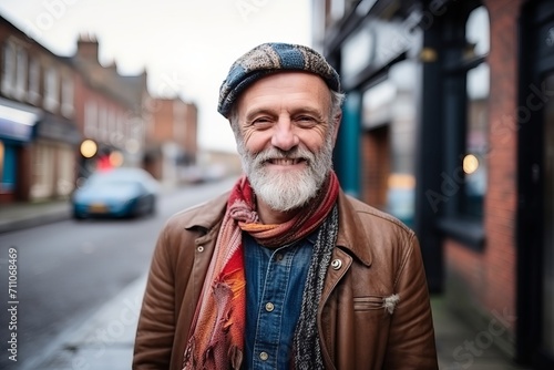 Portrait of a handsome senior man with hat and scarf in the city © Igor