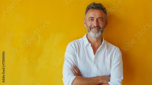 Confident middle-aged businessman in a white shirt Express yourself in a friendly yet professional manner. and the smiles of middle-aged adults conveys happiness on a white background for various uses