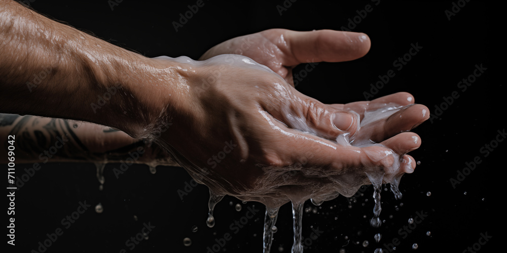 Washing hands in water with soap bubbles, close up shot