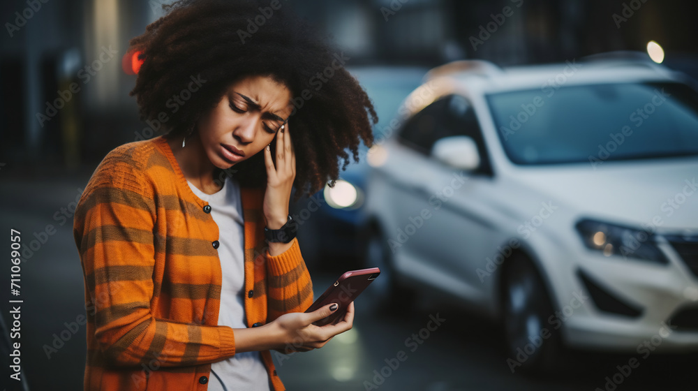 Worried Young Woman With Curly Hair Looking at Smartphone in Parking Lot, Stressful Day