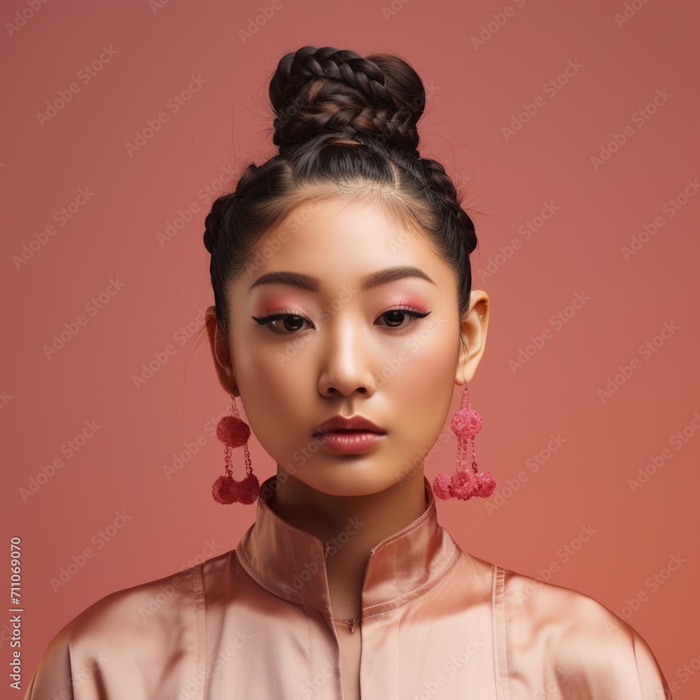portrait of a young asian woman with braided hair and pink earrings portrait of a young asian woman with braided hair and pink earrings