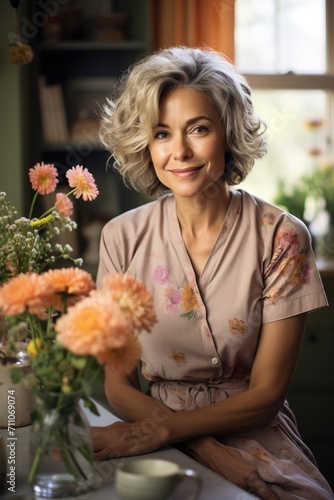 Portrait of a smiling middle-aged woman with short gray hair and a floral dress sitting at a table with flowers © duyina1990