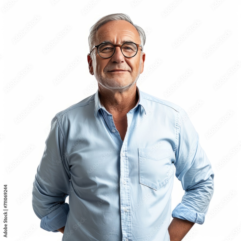 Obraz premium Middle-aged businessman wearing a blue shirt Casual entrepreneur Portrait of a middle-aged adult adult man smile happily Isolated on white, copy space.